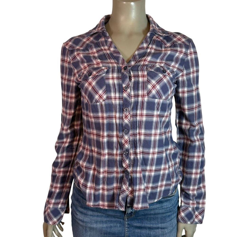 Miley Cyrus Max Azria Blue Red Plaid Western Button Down Flannel Shirt Womens S